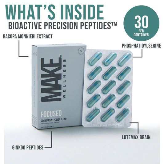 Make Wellness Focused capsules closeup highlighting convenient caffeine-free focus.