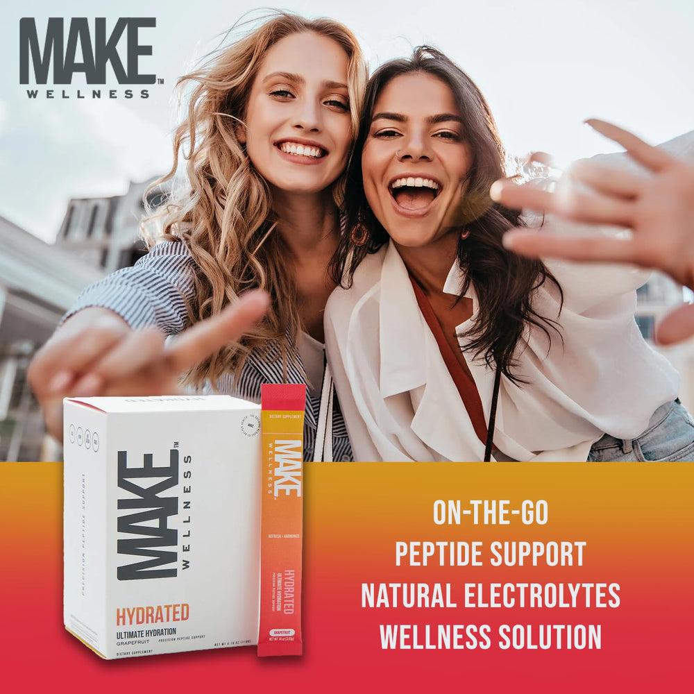 Make Wellness HYDRATED powder dissolved in water for a refreshing drink