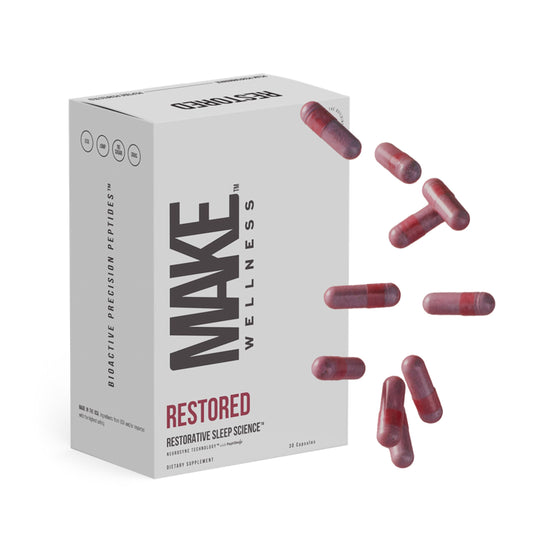 Make Wellness Restored bottle front showing a 30-day supply for daily vitality.