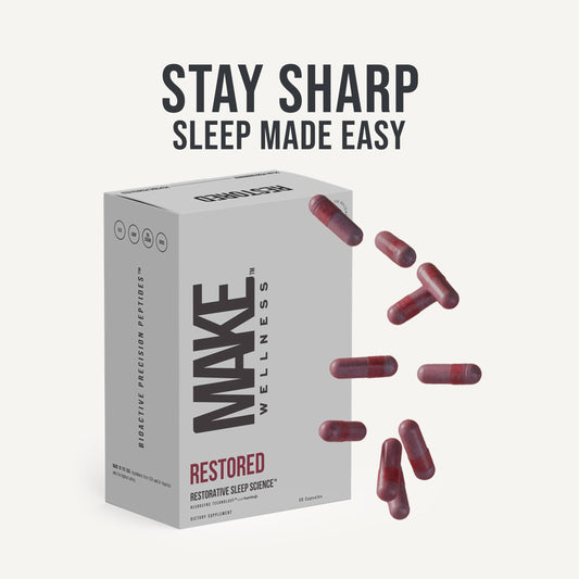Make Wellness Restored bottle side with capsules ready for daily use.