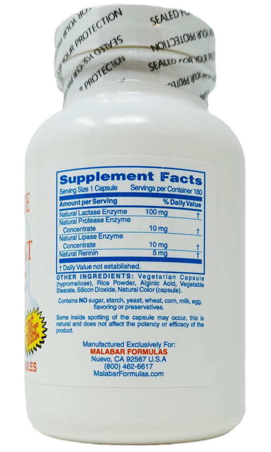 Malabar Complete Milk Digestant bottle side view highlighting lactose and fat digestion
