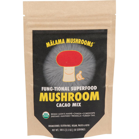 Malama Mushrooms 8-Mushroom Hot Cacao Mix container, organic blend for a cozy drink.