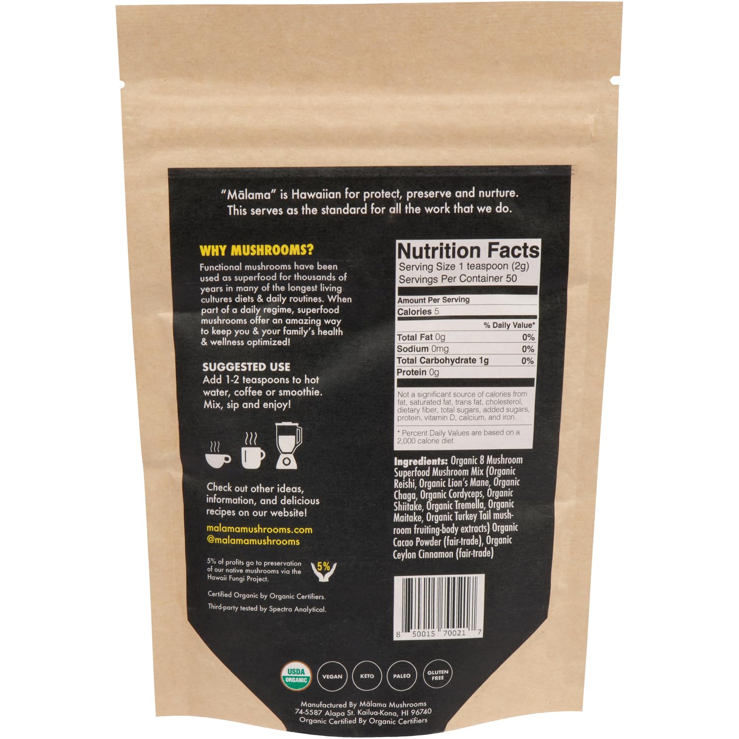 Malama Mushrooms steam-processed fruiting bodies close-up highlighting bio-availability in the mix.