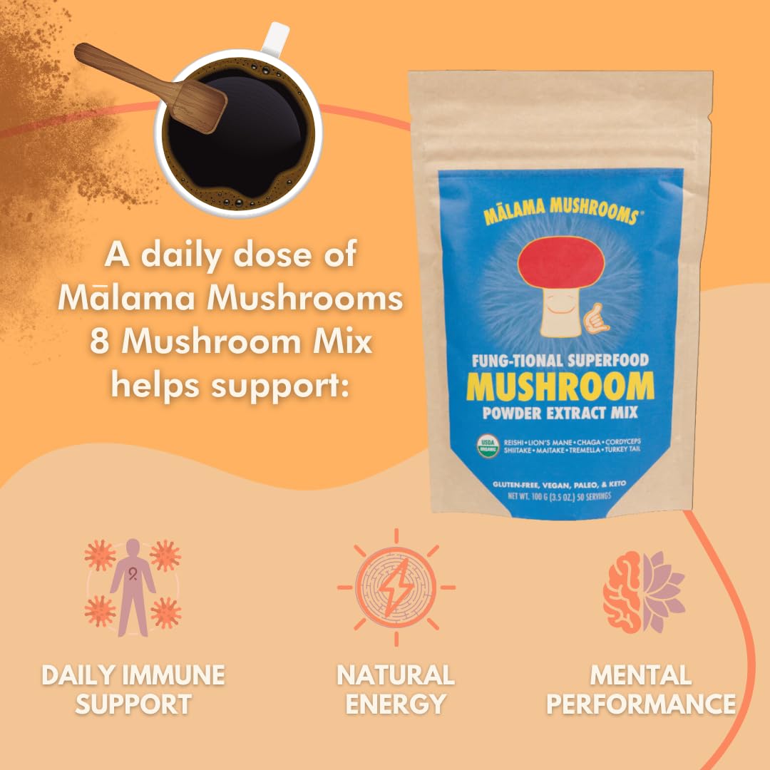 Malama Mushrooms 8-Mushroom Powder in smoothie, quick add for sustained energy