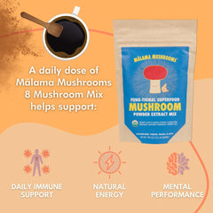 Malama Mushrooms 8-Mushroom Powder in smoothie, quick add for sustained energy