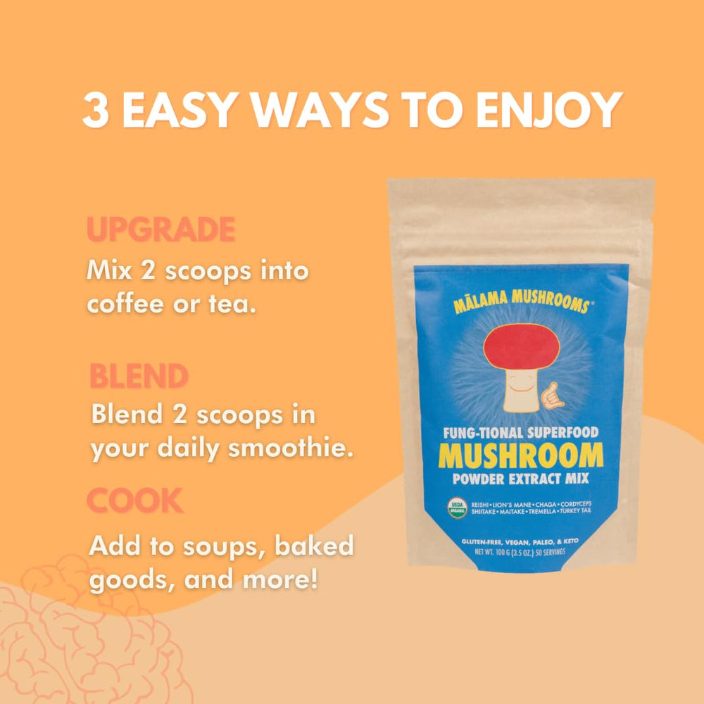 Malama Mushrooms 8-Mushroom Powder poured into hot tea, cozy ritual with immune-friendly blend