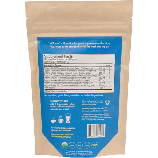 Malama Mushrooms 8-Mushroom Powder scoop image, easy dosing for daily wellness routines
