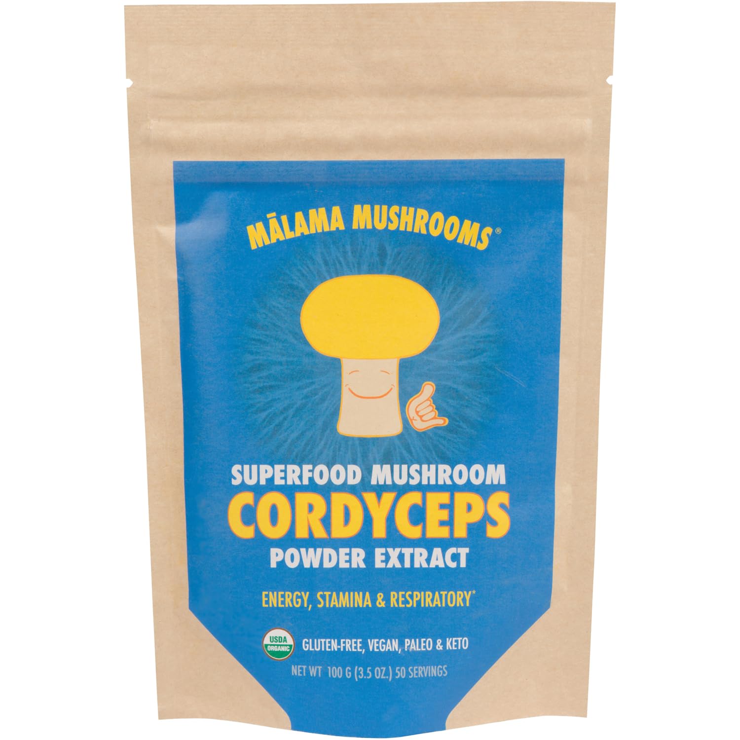 MALAMA MUSHROOMS Cordyceps powder bottle shows organic extract for daily energy
