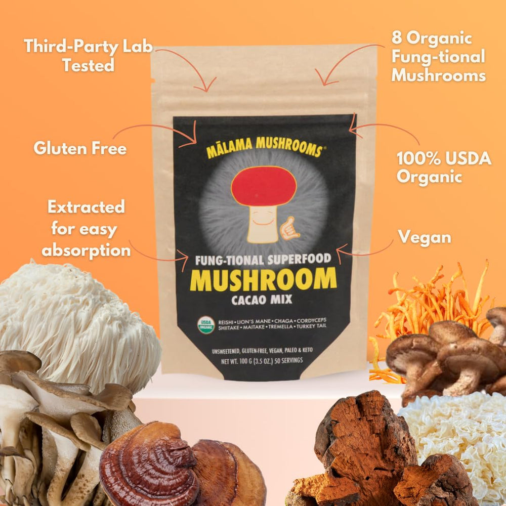 Malama Mushrooms organic ingredients label showing no fillers and third-party testing.