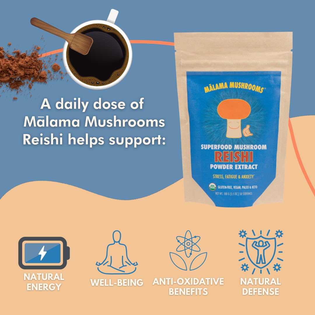Malama Mushrooms Reishi powder coffee-mix blends smoothly into mornings for a mild, earthy lift.