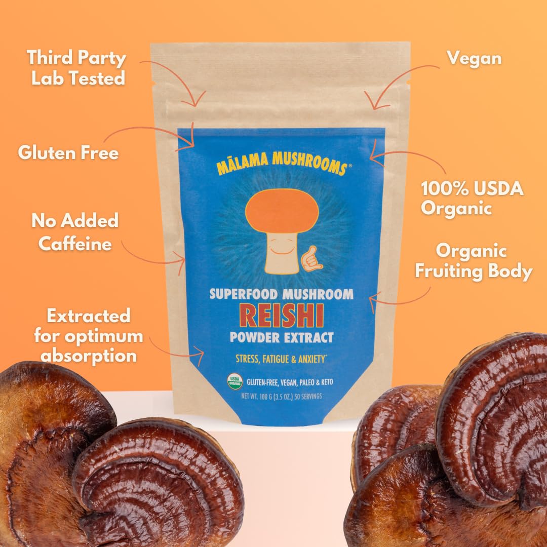 Malama Mushrooms Reishi powder label communicates organic fruiting bodies and quality.