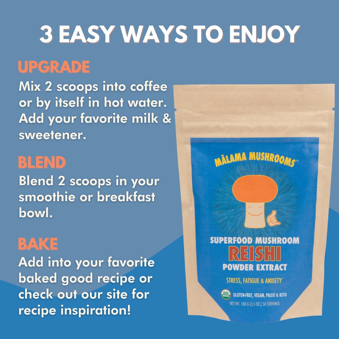 Malama Mushrooms Reishi powder tea-brew invites a warm, earthy aroma in your evening routine.