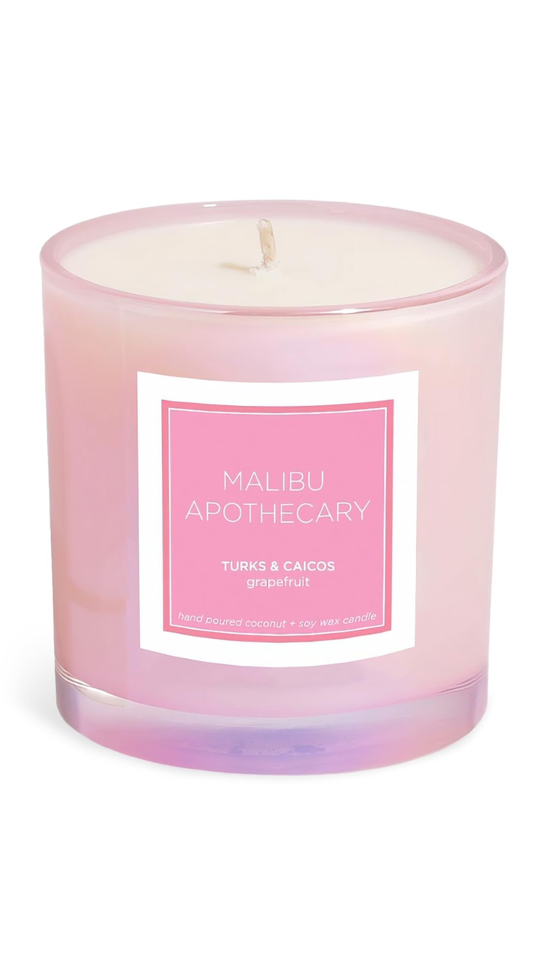 Malibu Apothecary Turks & Caicos Candle packaging with iridescent pink finish for stylish ambiance