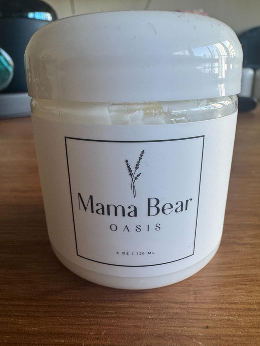Mama Bear Oasis Lotion bottle closeup for smooth, hydrated skin.