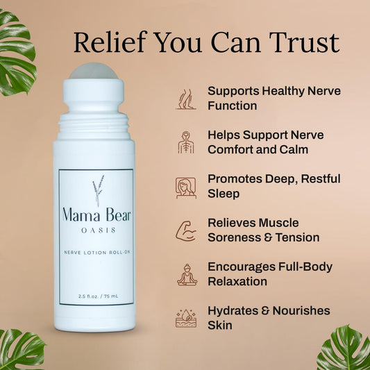Mama Bear Oasis roll-on nerve support bottle back view showing label