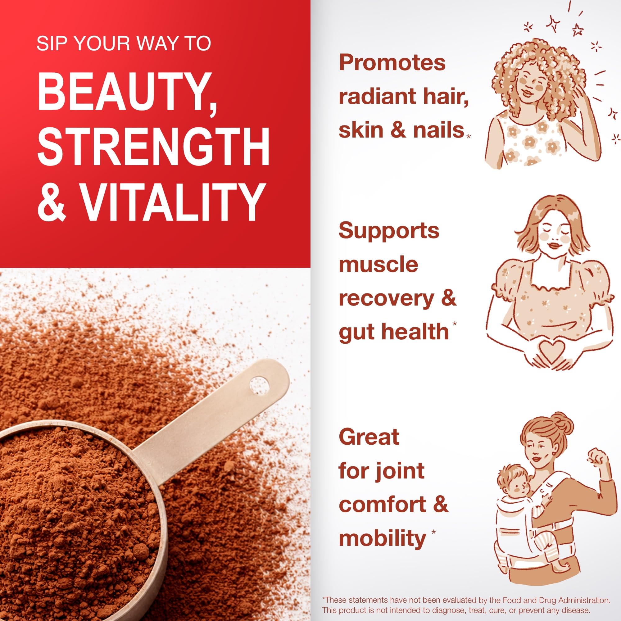 Scoop of Mama Natural collagen powder pouring into cup for smooth mixing.