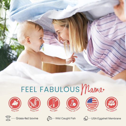 Mama Natural collagen types I–X support for skin, hair, and nails.