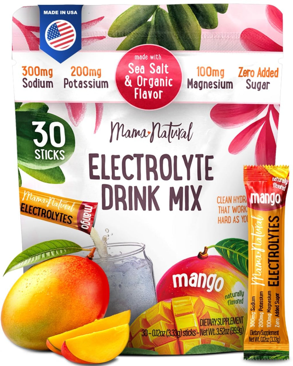 Mama Natural Electrolytes mango packet on-the-go hydration for pregnancy.