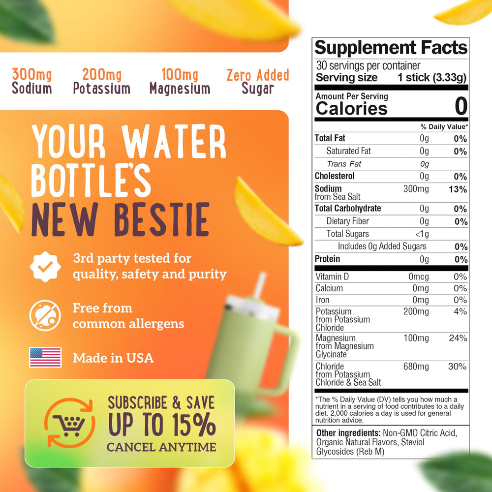Water bottle with dissolved mango electrolyte mix.