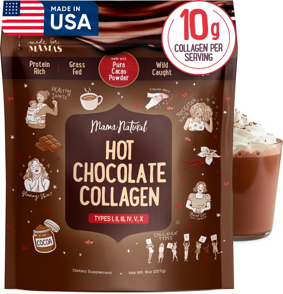 Mama Natural hot chocolate multi-collagen powder tub front, clean formula for daily wellness.