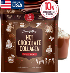 Mama Natural hot chocolate multi-collagen powder tub front, clean formula for daily wellness.