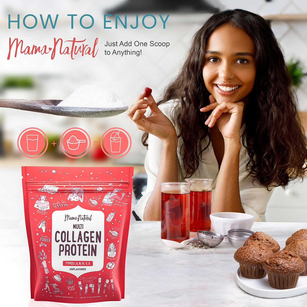 Mama Natural hydrolyzed collagen powder dissolves quickly in liquids.