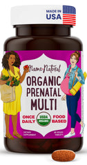 Mama Natural prenatal bottle with easy-one-a-day tablets for busy moms.