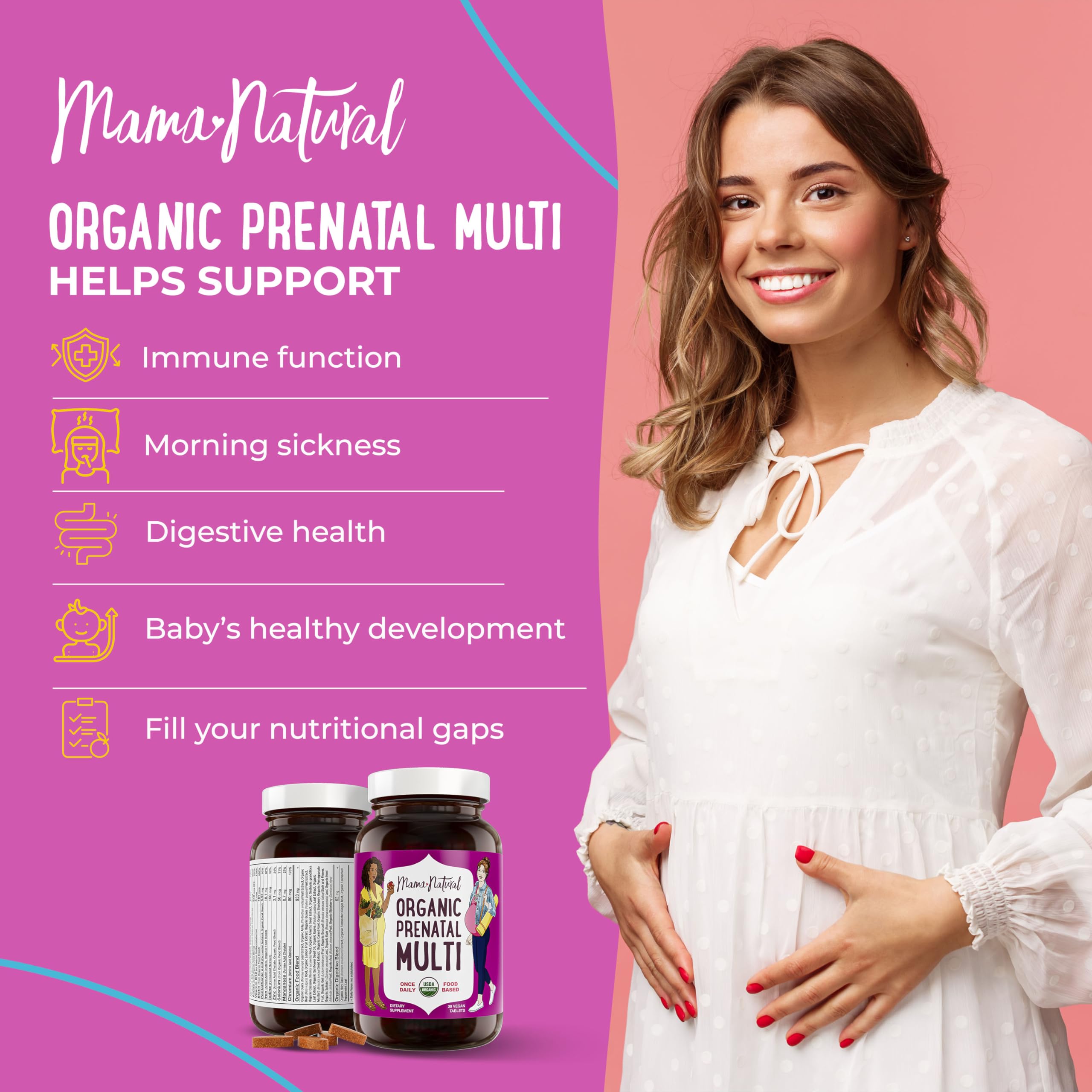 Close-up of Mama Natural prenatal tablet highlighting vegan, organic ingredients.