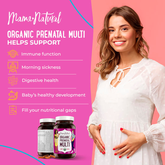 Close-up of Mama Natural prenatal tablet highlighting vegan, organic ingredients.