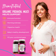 Close-up of Mama Natural prenatal tablet highlighting vegan, organic ingredients.