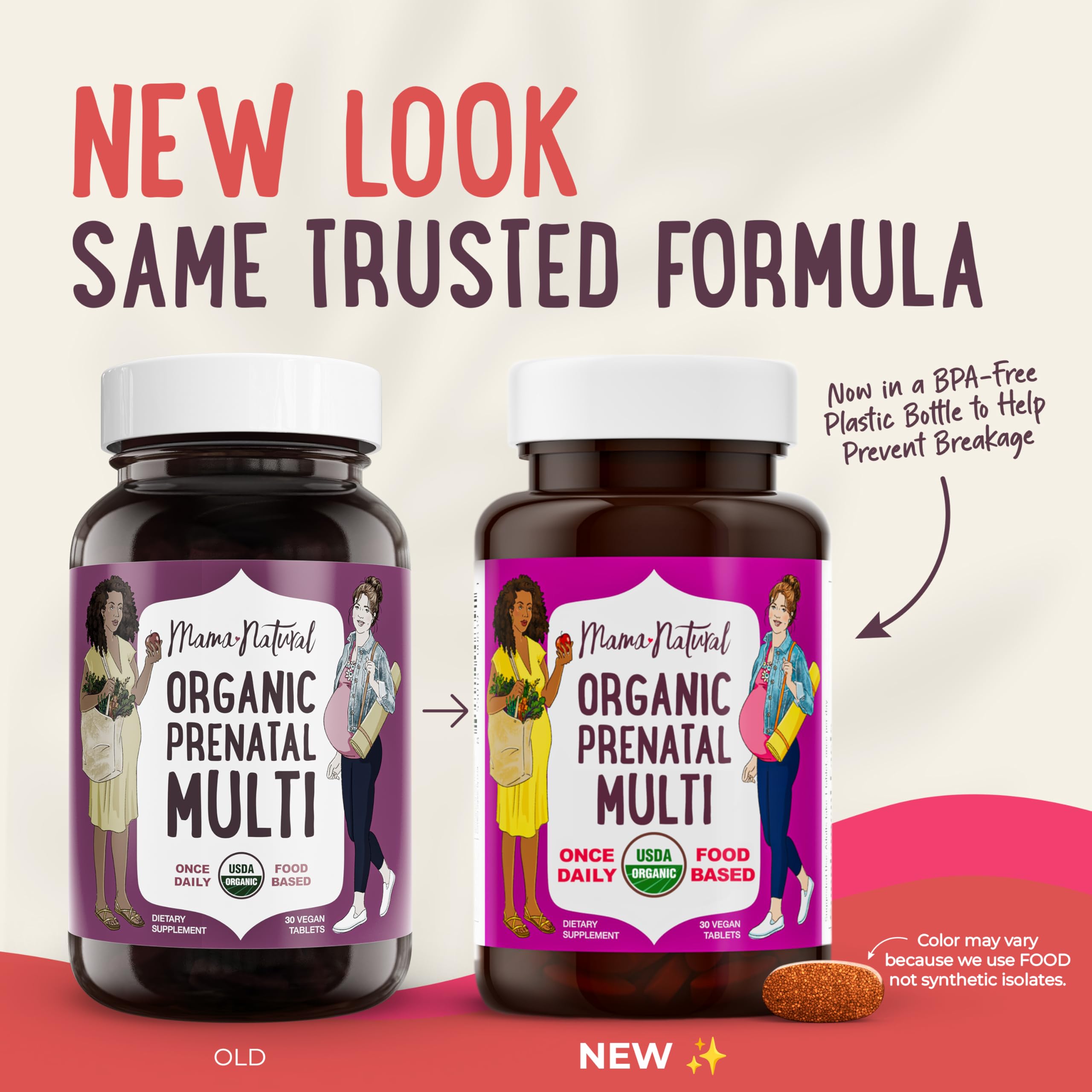 Mama Natural organic prenatal ingredients label shows the food-based formula.