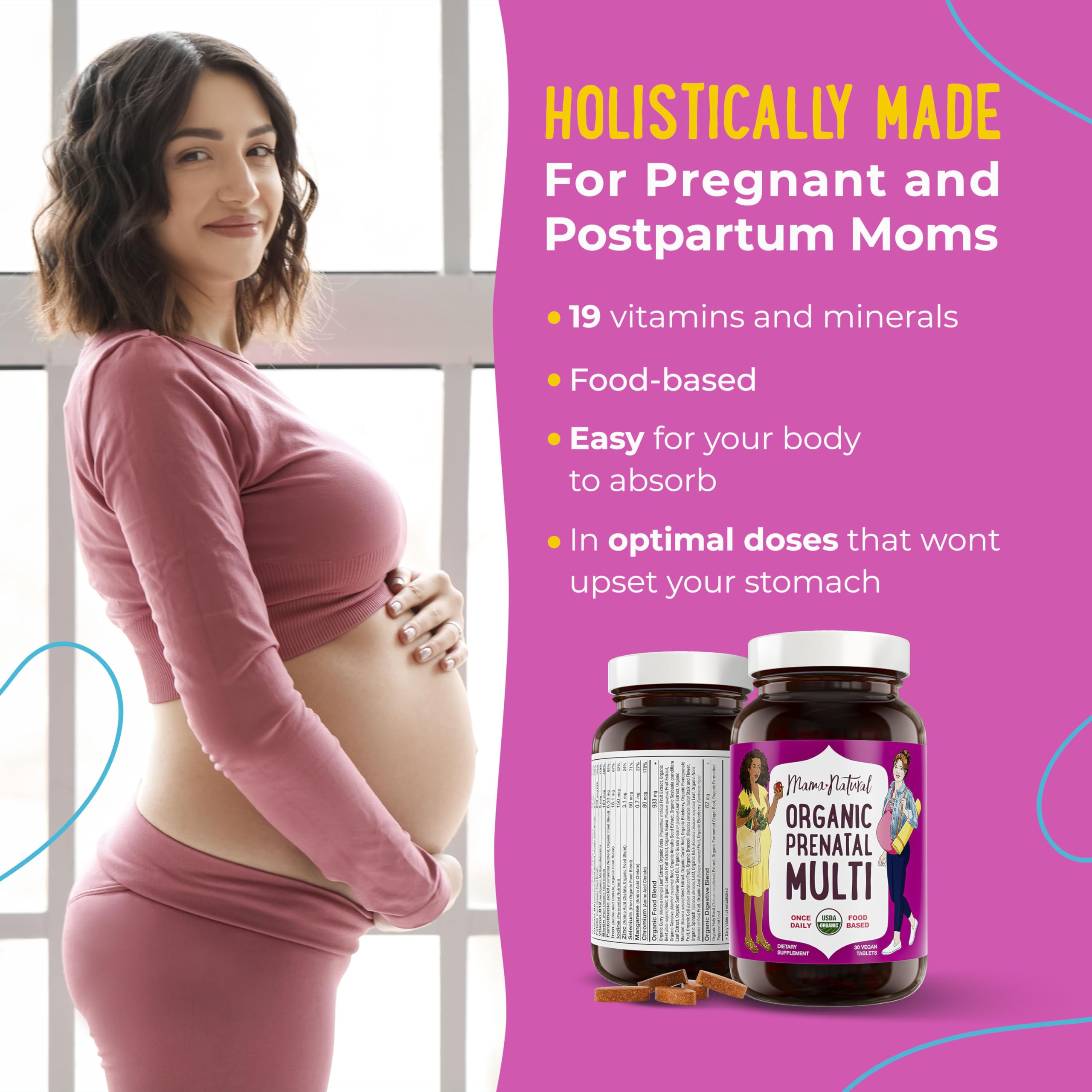 Mama Natural prenatal label emphasizes USDA Organic certification and clean ingredients.
