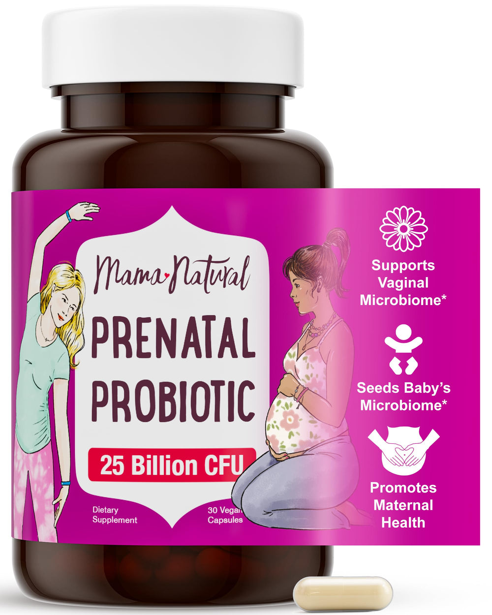 Mama Natural prenatal probiotics bottle promotes gut balance for mom