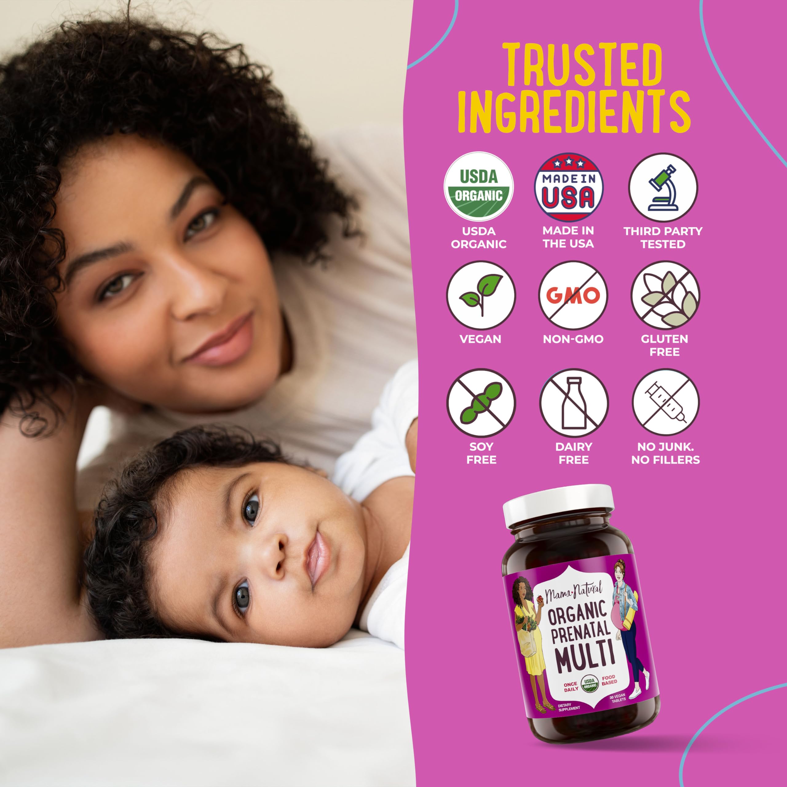 Mama Natural prenatal formula illustrating digestion-friendly, food-based nutrients.