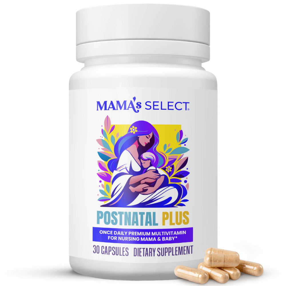Mama's Select Postnatal Vitamins bottle highlighting clean, vegan capsules for daily wellness.