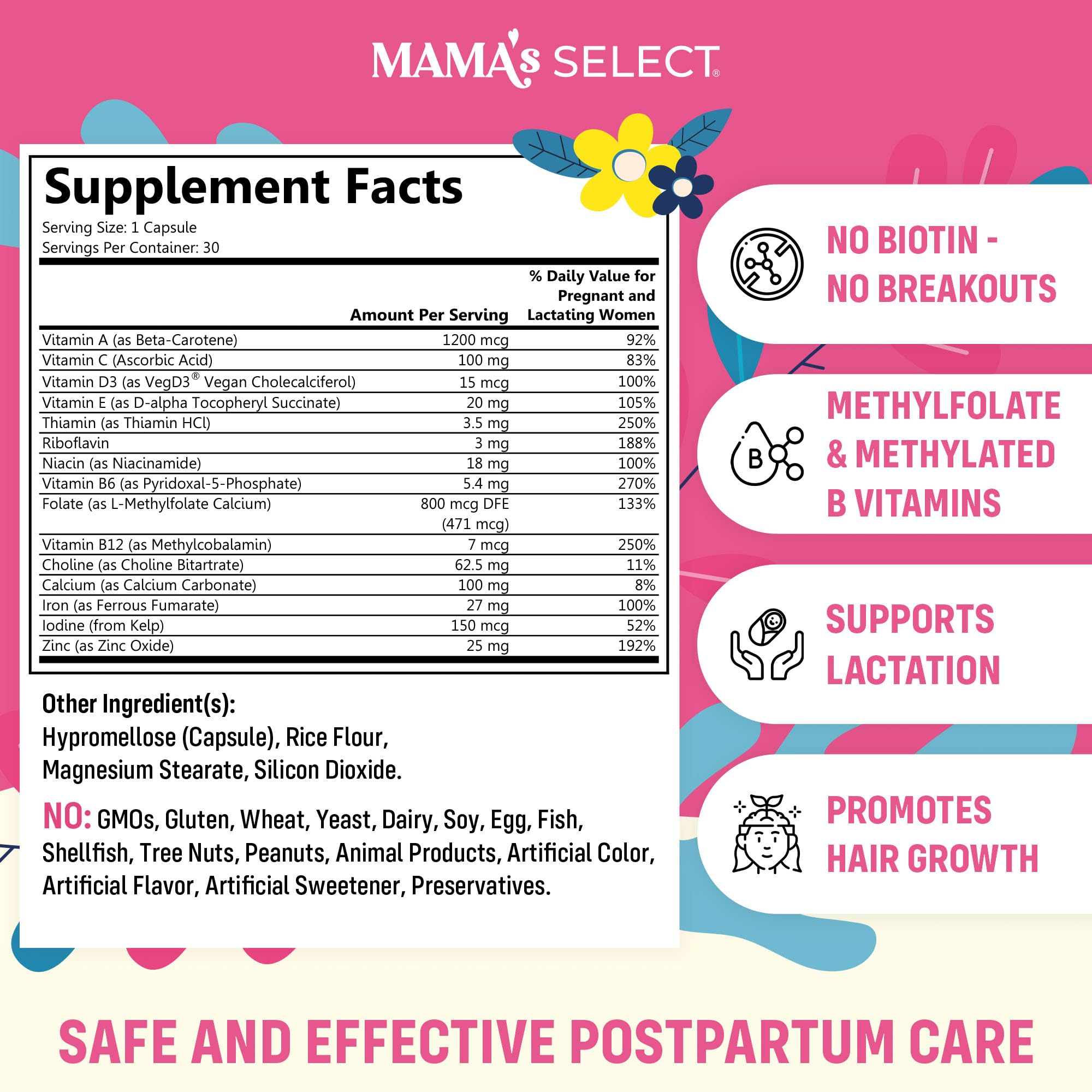 Mama's Select Postnatal Vitamins capsules, vegan and easy-to-swallow for daily support.