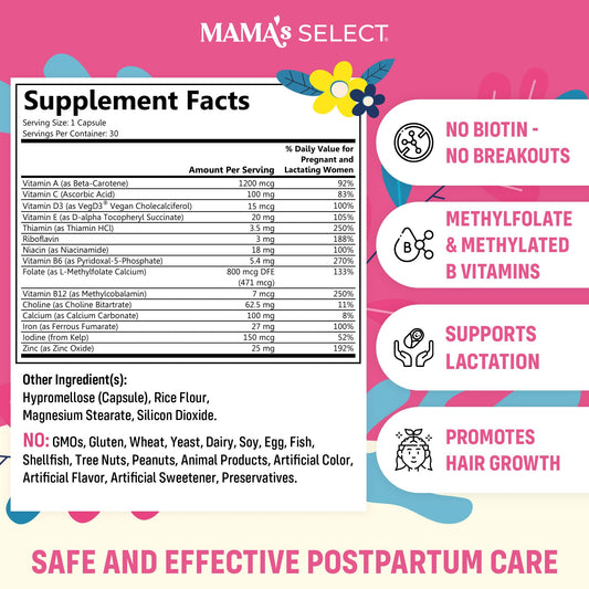 Mama's Select Postnatal Vitamins capsules, vegan and easy-to-swallow for daily support.