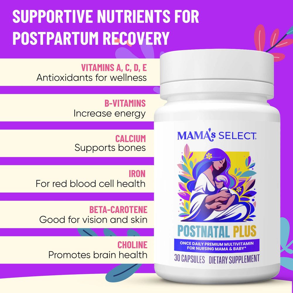 Mama's Select Postnatal Vitamins ingredients panel showing methylated folate and B vitamins.