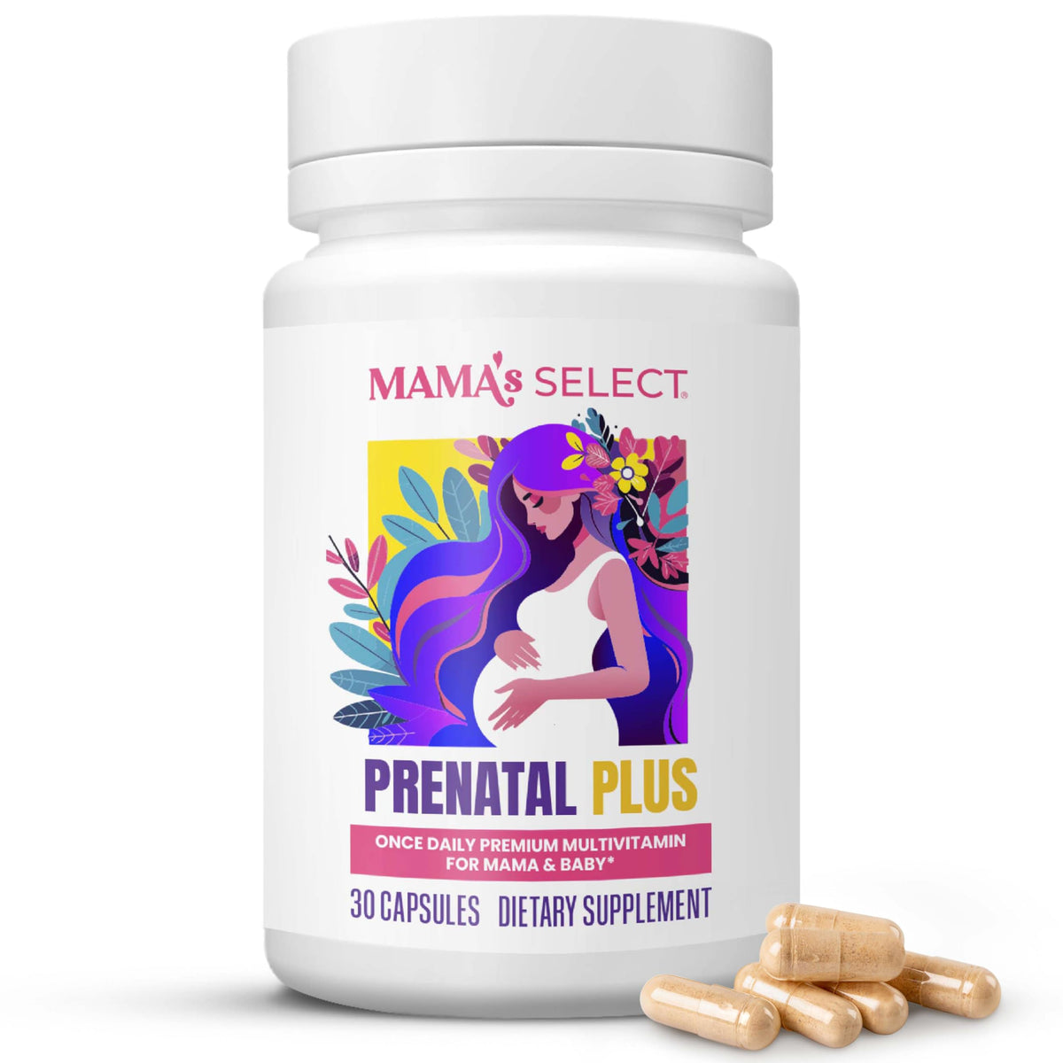 Mama's Select Prenatal bottle closeup showing allergen-free, easy-to-digest capsules.