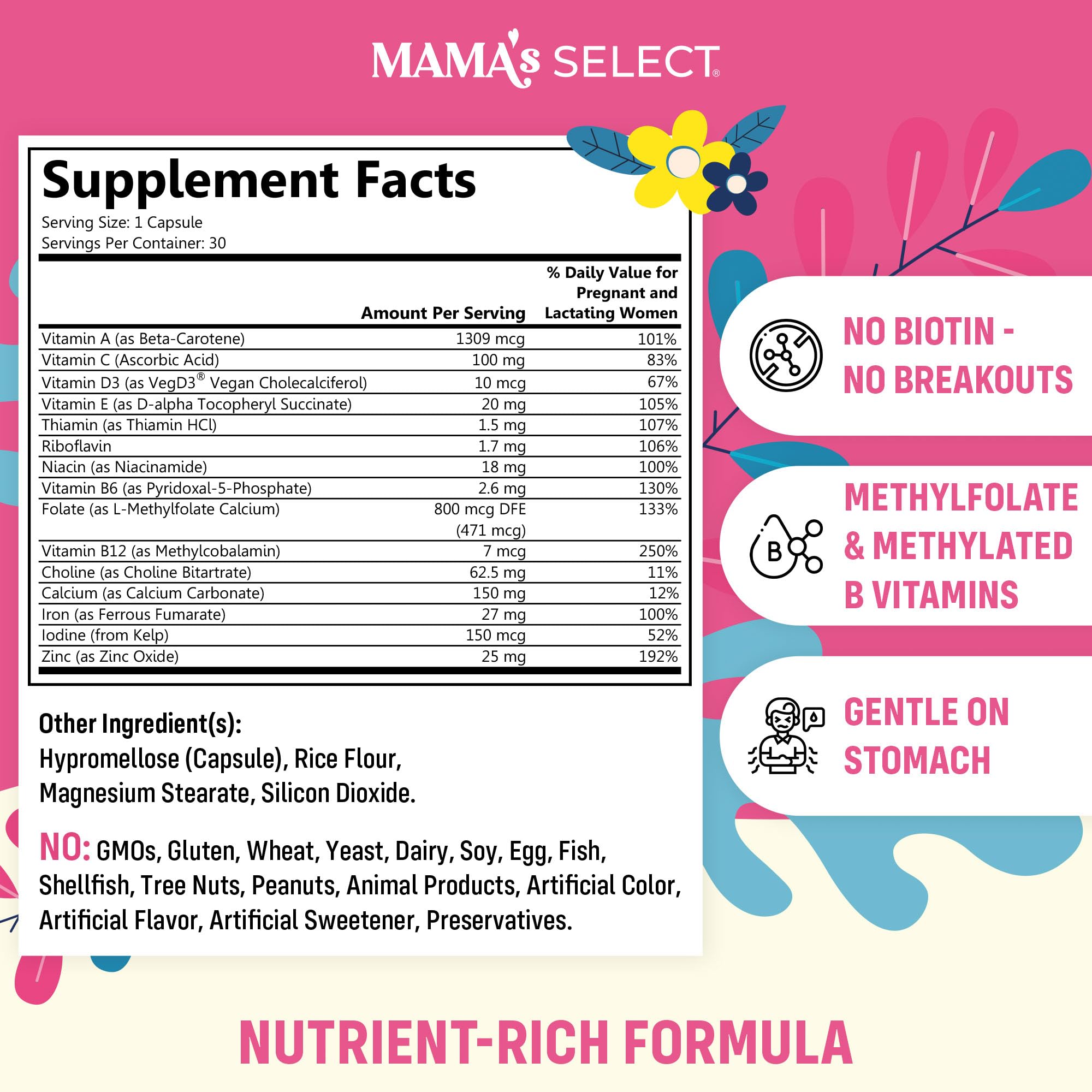 Mama's Select Prenatal capsule on display highlighting easy-to-swallow vegan formula.