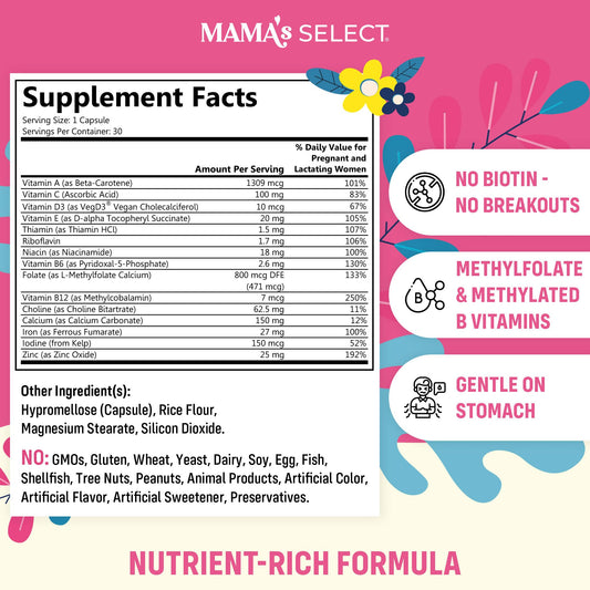 Mama's Select Prenatal capsule on display highlighting easy-to-swallow vegan formula.
