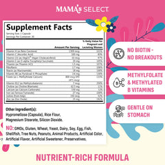 Mama's Select Prenatal capsule on display highlighting easy-to-swallow vegan formula.
