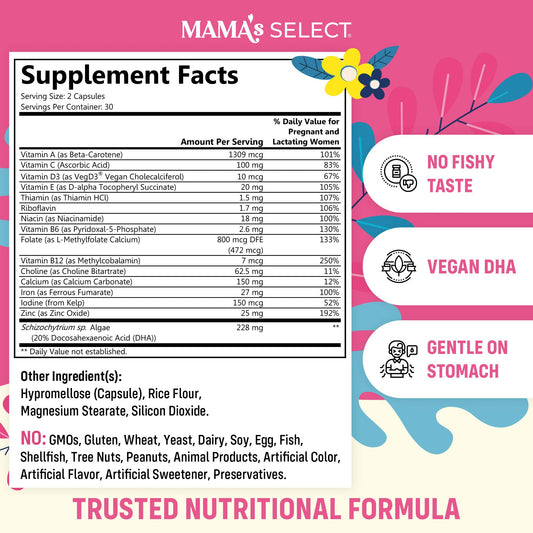 Mama's Select Prenatal DHA capsules highlight vegan DHA and smooth digestion.