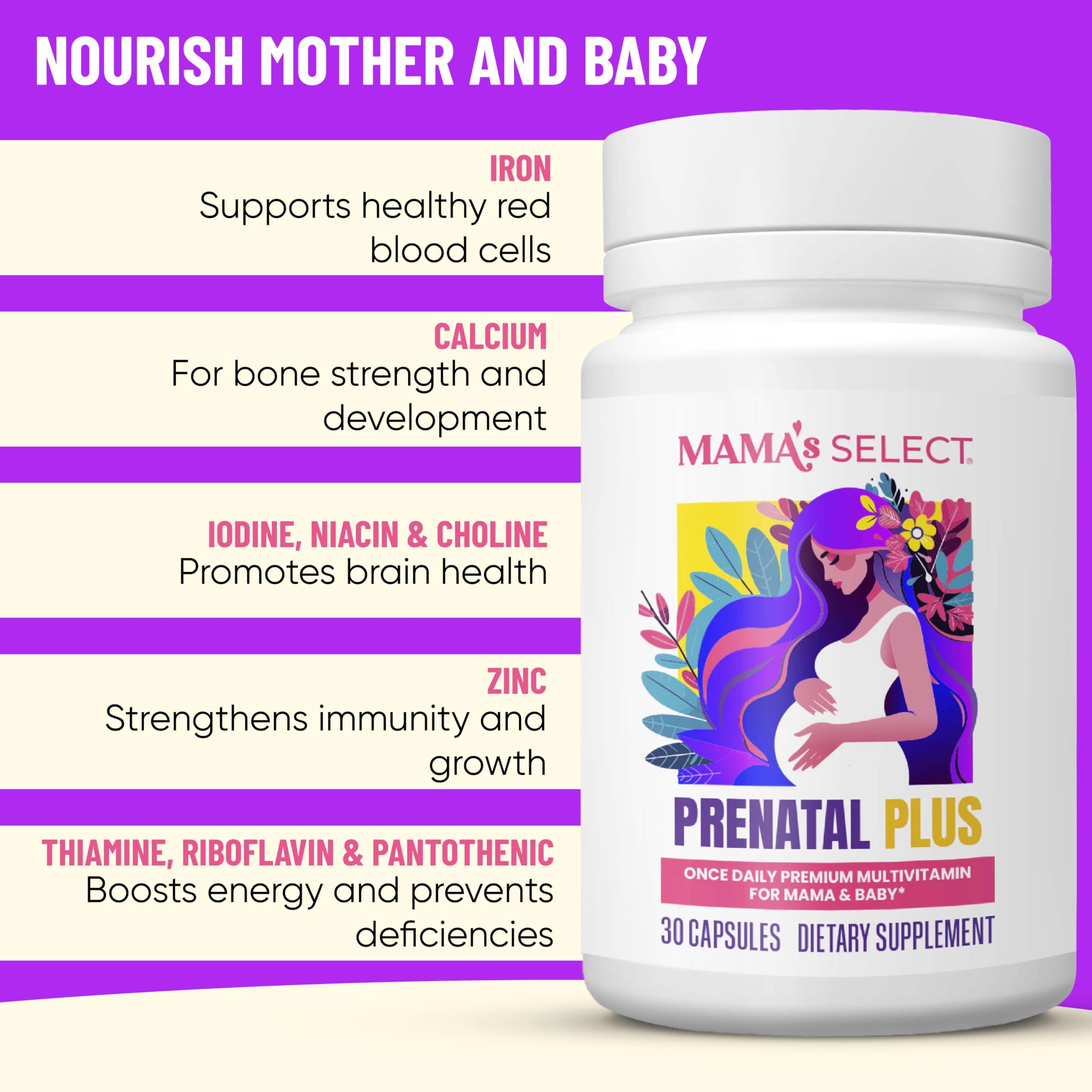 Mama's Select Prenatal ingredients highlight methylated folate and B vitamins.