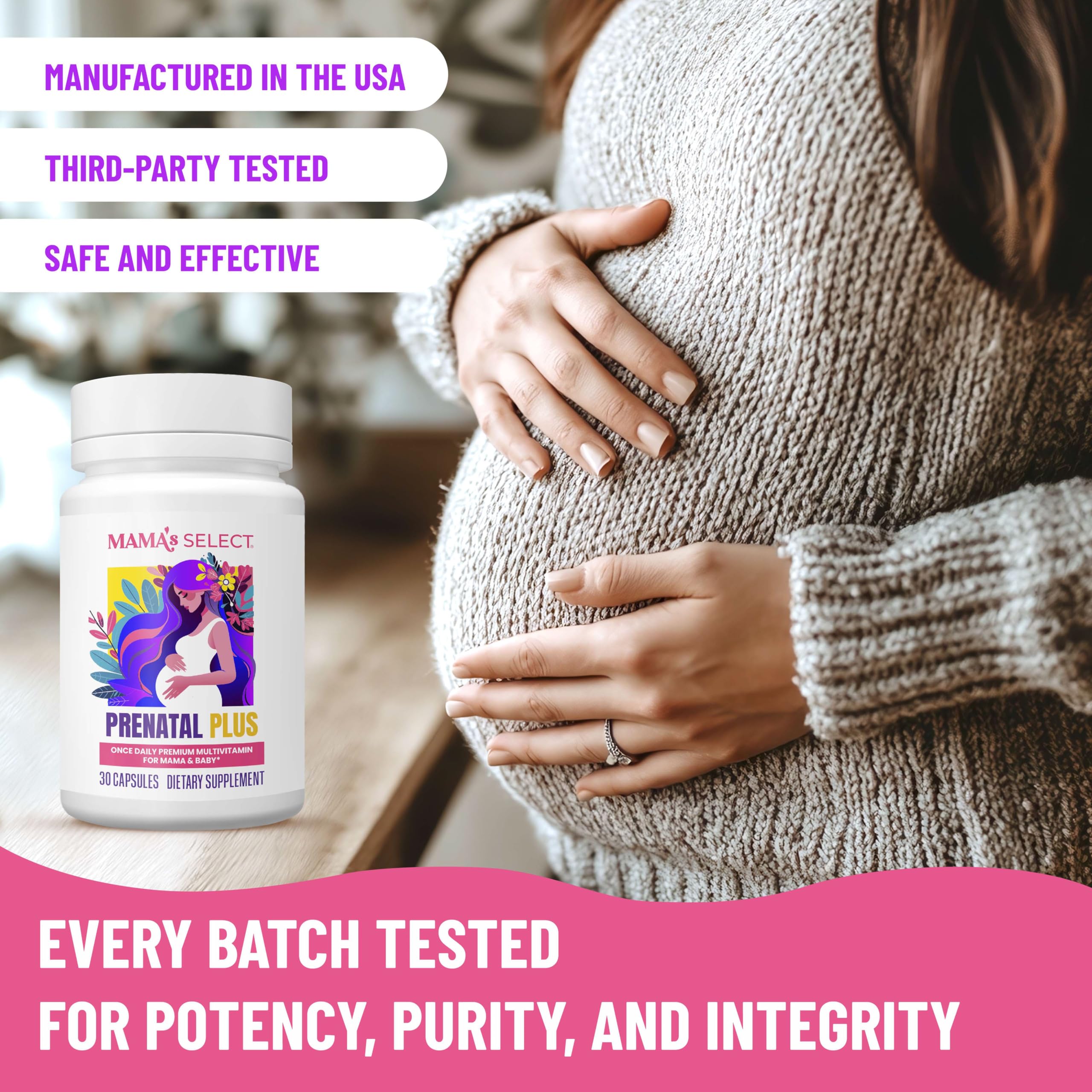 Mama's Select Prenatal packaging communicates USA-made quality and testing.