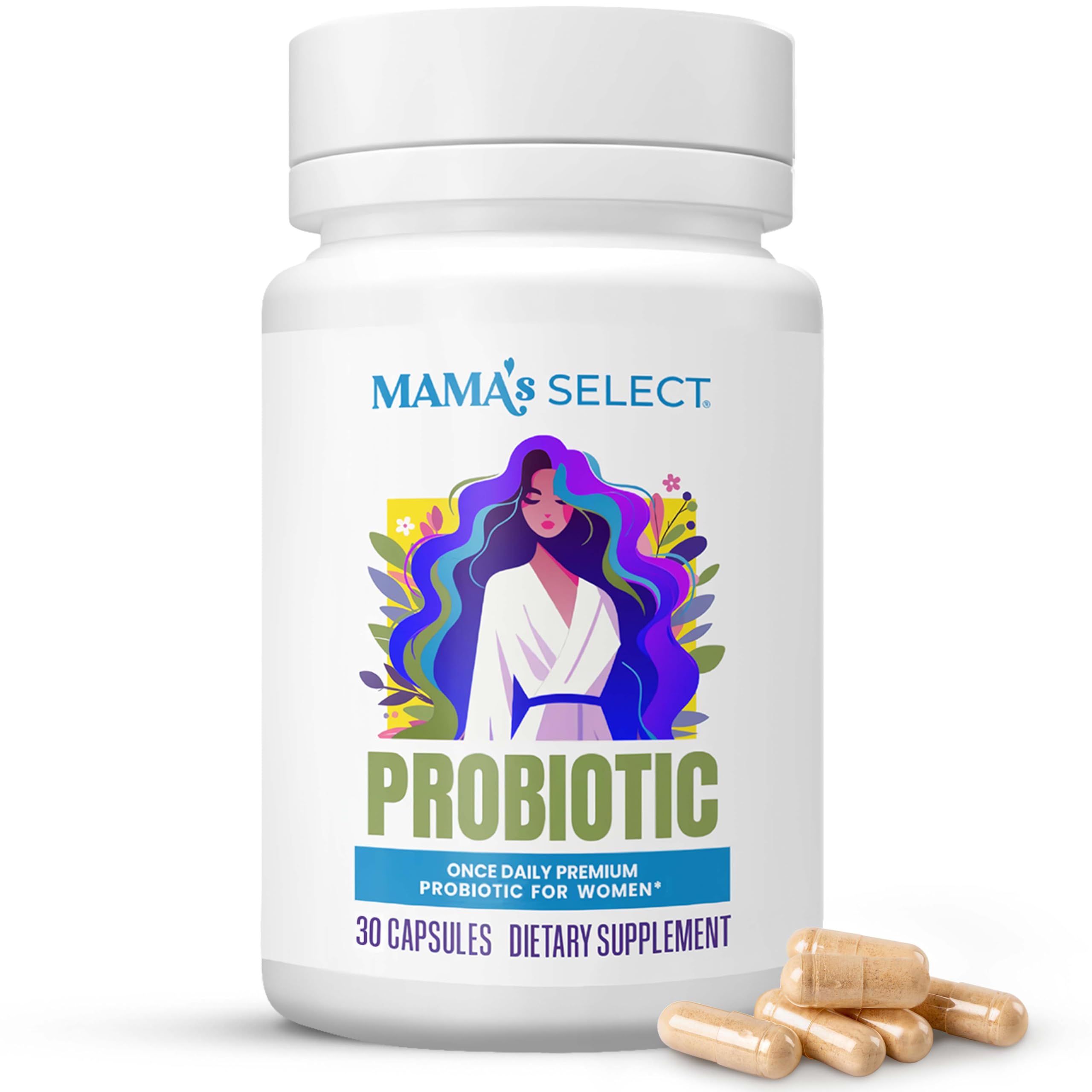 Mama's Select Prenatal Probiotics bottle shows convenient pregnancy digestion support.