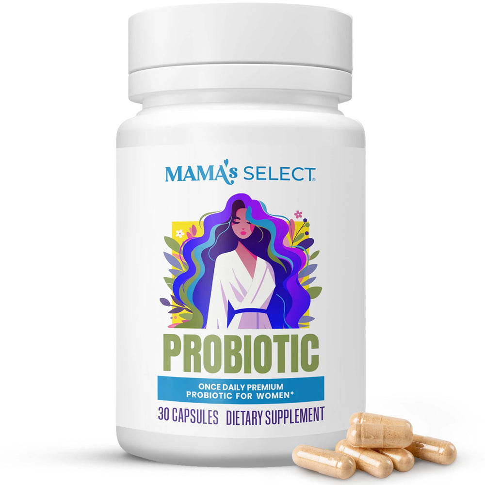 Mama's Select Prenatal Probiotics bottle shows convenient pregnancy digestion support.