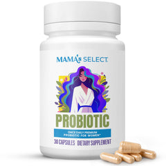 Mama's Select Prenatal Probiotics bottle shows convenient pregnancy digestion support.