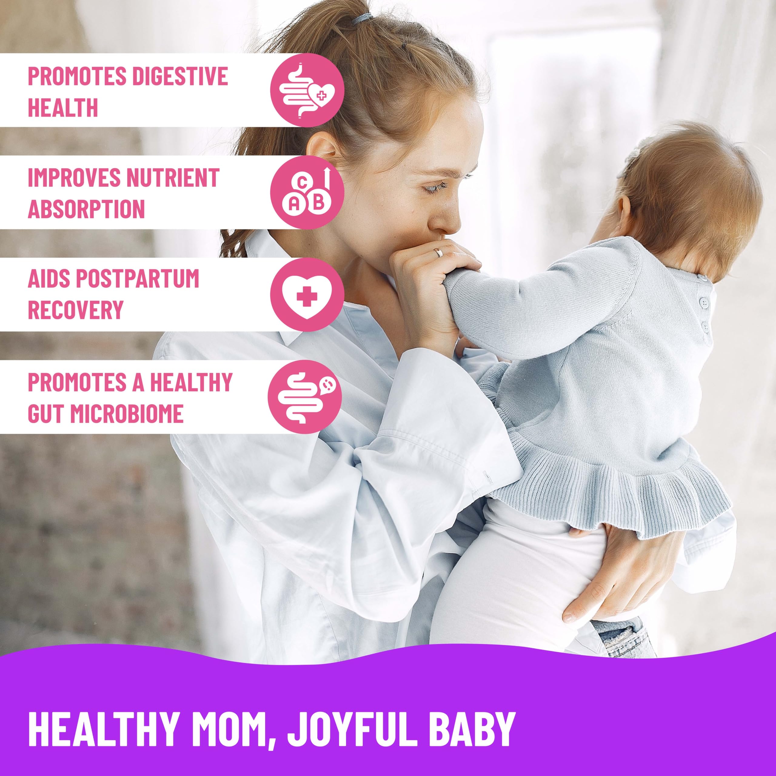 Mama's Select Prenatal Probiotics breastfeeding visual hints at supporting baby microbiome during lactation.