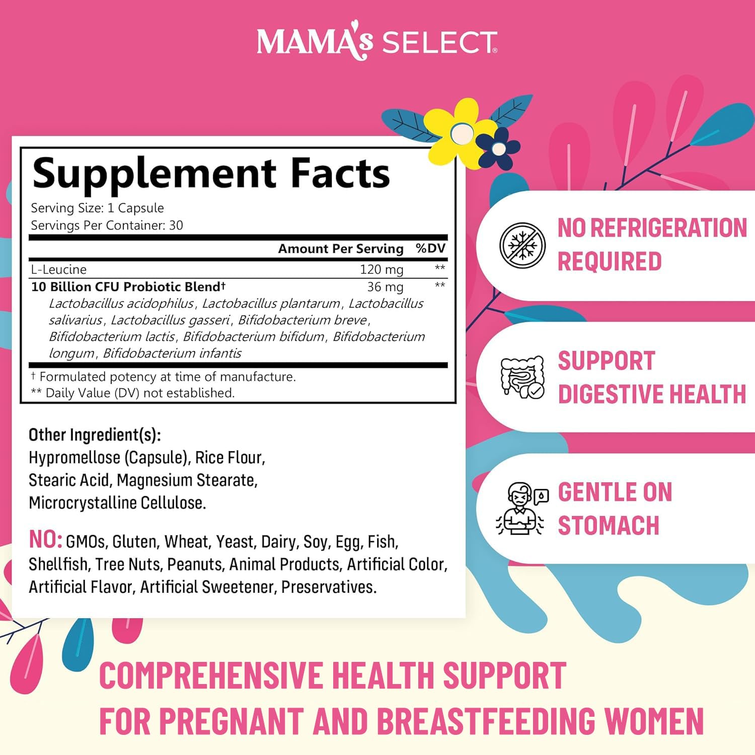 Mama's Select Prenatal Probiotics capsules highlight daily postpartum digestion and lactation support.